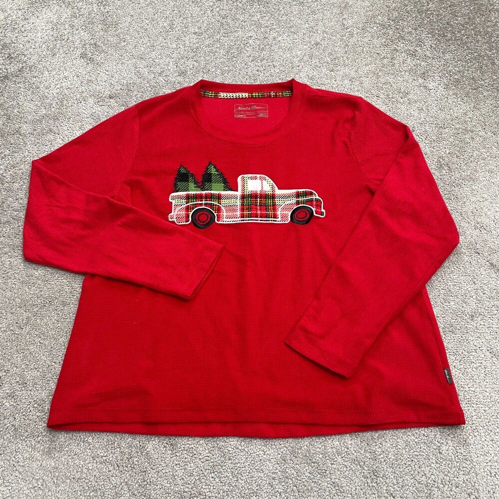 Eddie Bauer Embroidered Sleep Shirt Womens Large Red Stretch Soft Long Sleeve